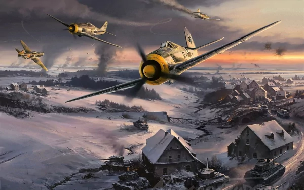 HD desktop wallpaper depicting a dramatic aerial battle between Focke-Wulf Fw 190 and Yakovlev Yak-3 military aircraft over a snowy village.
