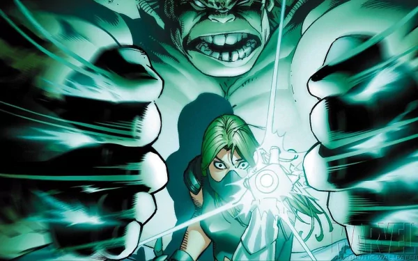 A dynamic HD wallpaper featuring the Incredible Hulk from the comics, showcasing intense action with a character wielding a powerful energy blast amidst Hulk's imposing presence.