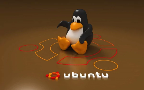A playful cartoon penguin sits on a brown background, surrounded by colorful shapes and the Ubuntu logo, creating a vibrant HD desktop wallpaper celebrating technology.