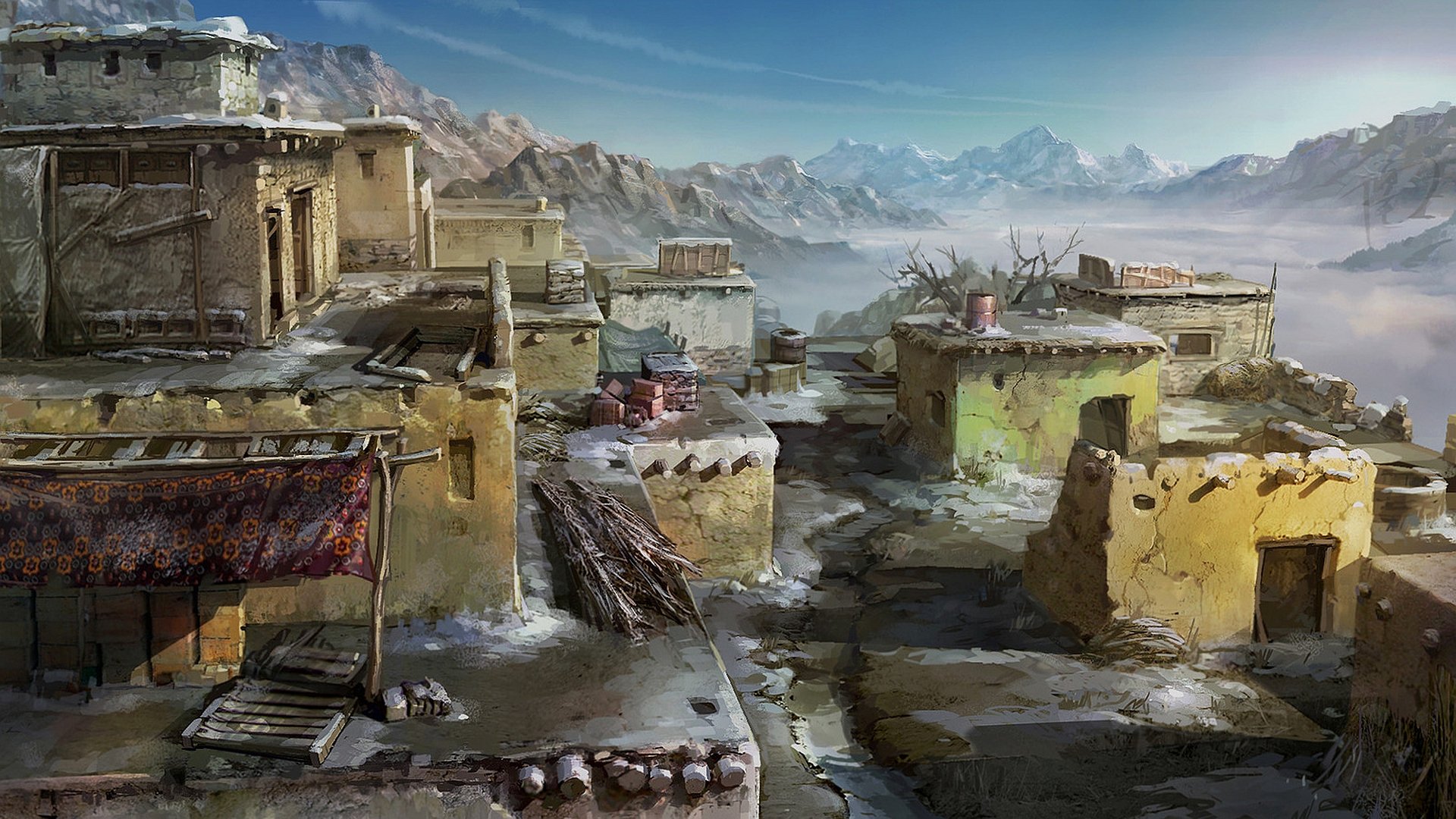 Artistic HD PC desktop wallpaper depicting an ancient city with weathered buildings against a backdrop of misty mountains under a clear blue sky.