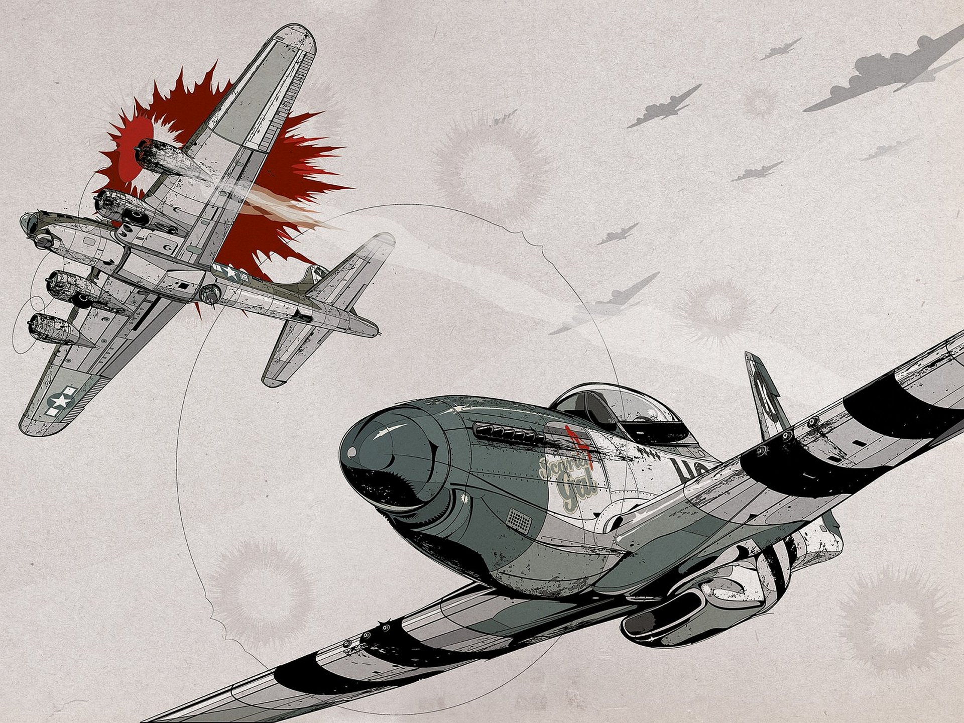 HD desktop wallpaper depicting a dramatic military aircraft scene with vintage airplanes engaged in aerial combat.