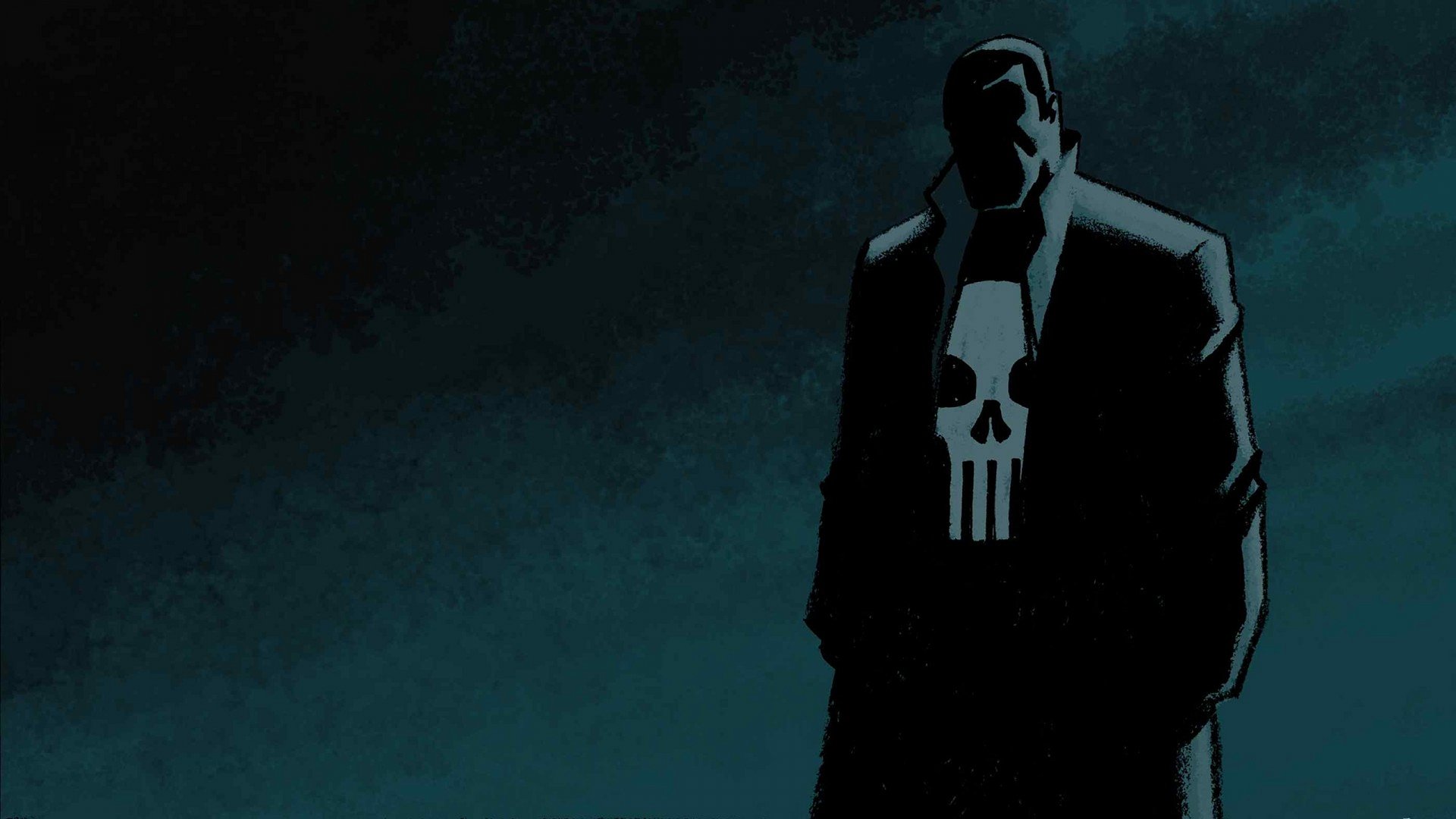 HD comic-style desktop wallpaper featuring Frank Castle as the Punisher, depicted in dark tones with the iconic skull emblem on his chest.