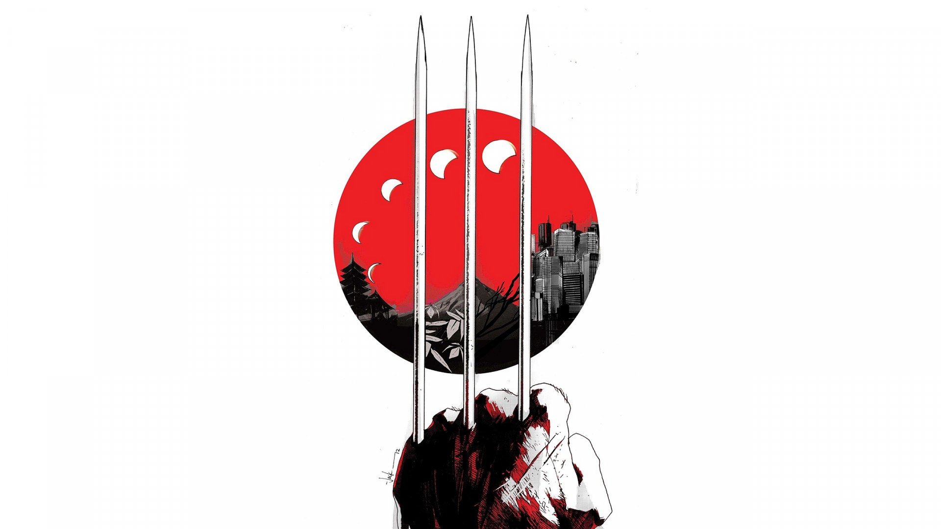 HD PC desktop wallpaper featuring a comic-style Wolverine clawing through, set against a red circular background with a cityscape silhouette.