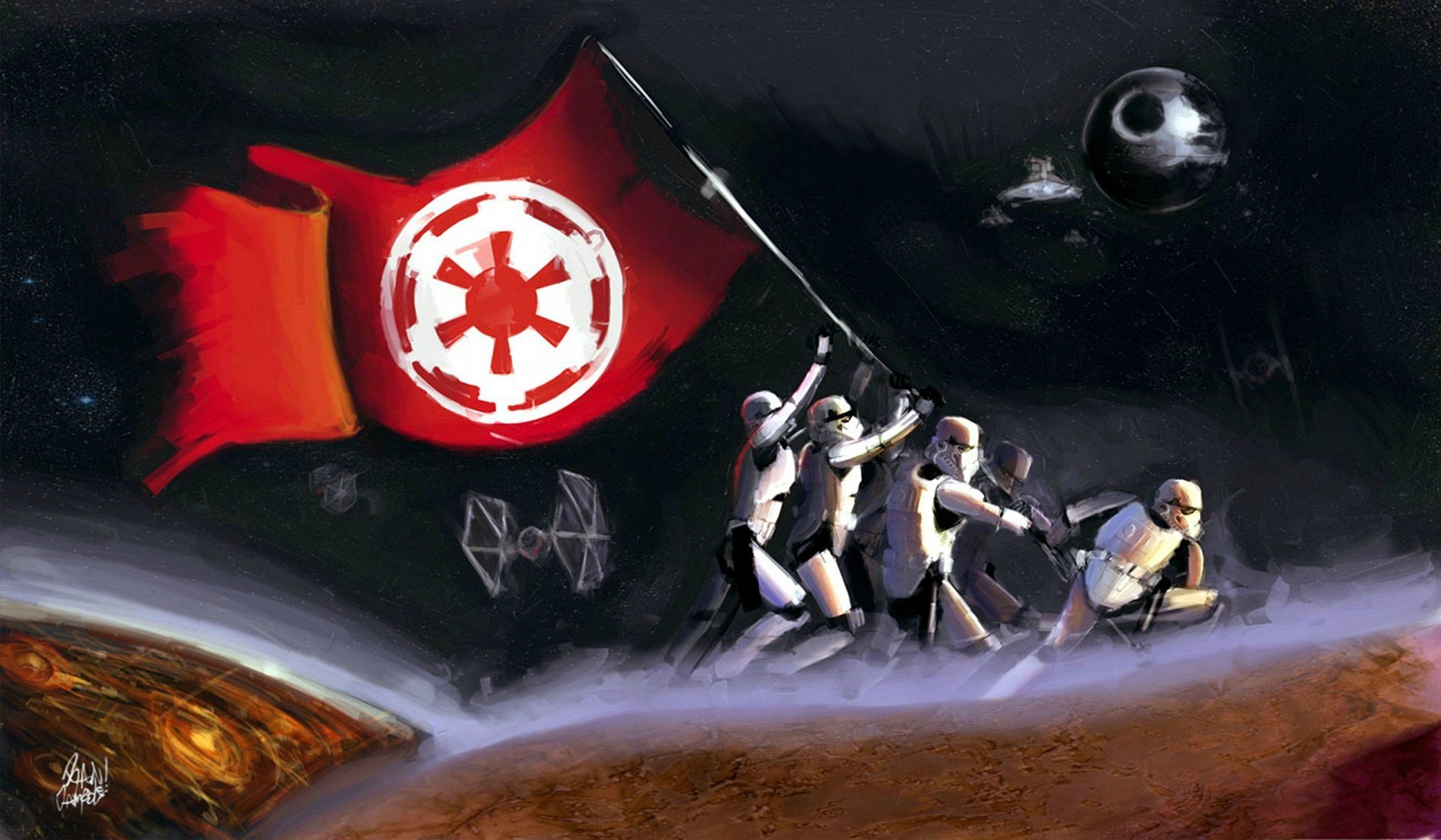 HD sci-fi Star Wars desktop wallpaper depicting stormtroopers raising an Imperial flag with the Death Star and TIE fighters in the background.