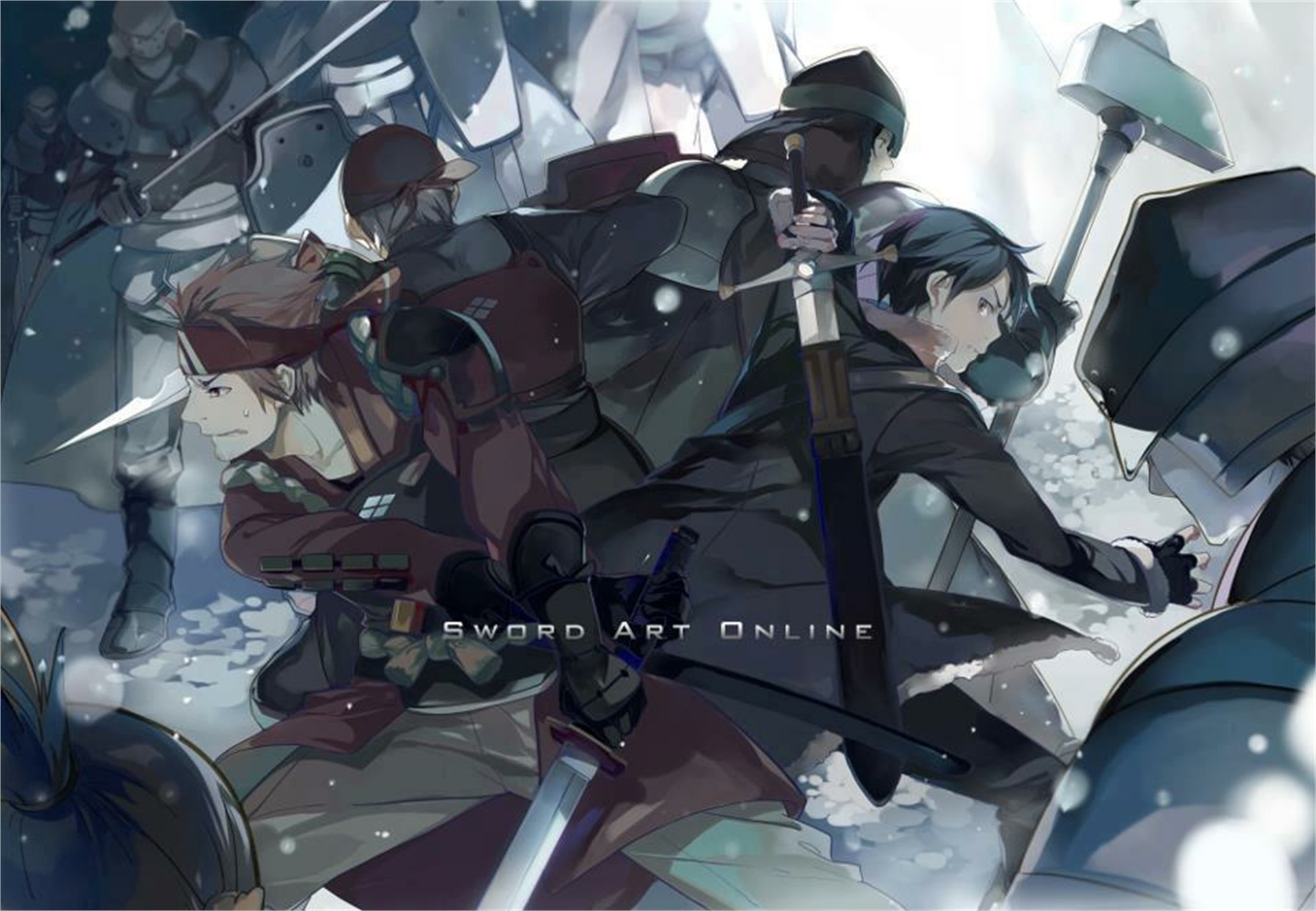 HD desktop wallpaper featuring Klein and Kirito from the anime Sword Art Online in an action-packed scene with a snowy backdrop. Text Sword Art Online is in the center.