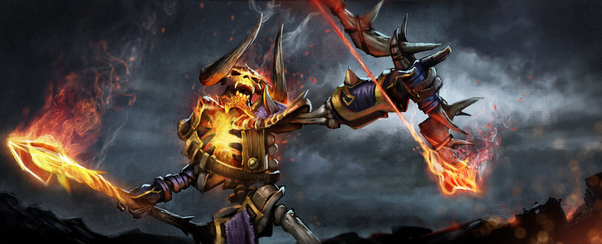 HD PC desktop wallpaper featuring a fiery, armored character from the video game DotA, set against a dark, stormy background.
