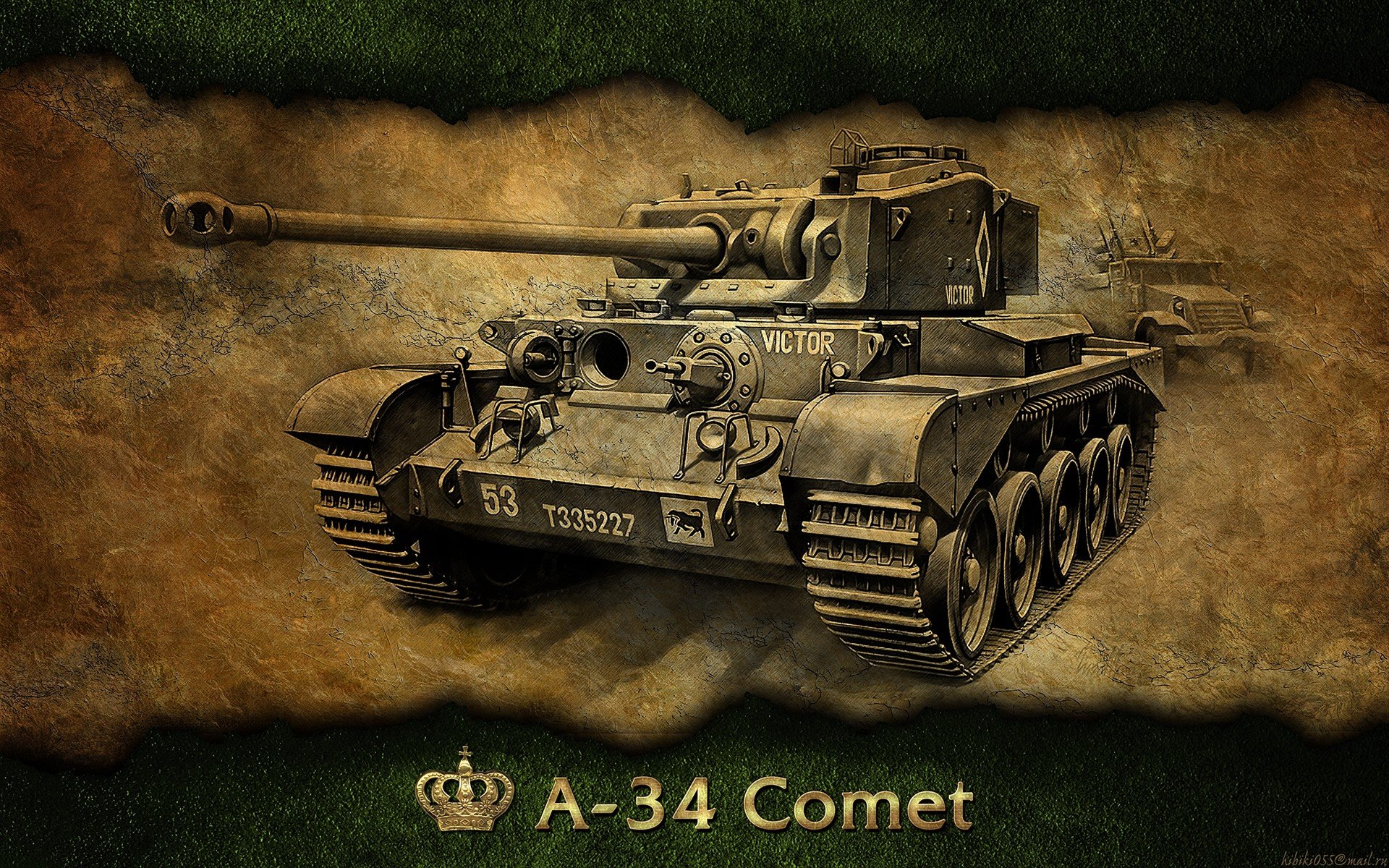 A-34 Comet tank artwork from the video game World of Tanks, rendered as a 4K Ultra HD PC desktop wallpaper and background on an aged parchment panel with a green border.