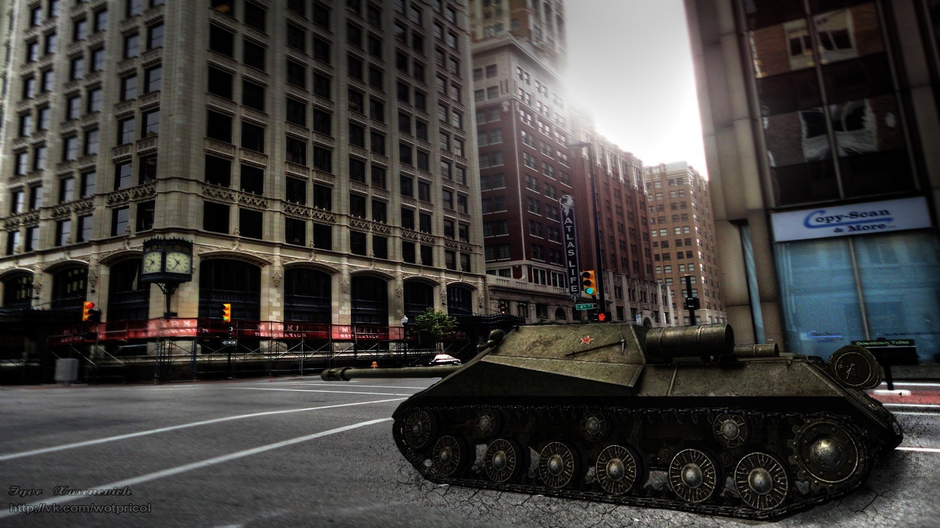 World of Tanks video game 4K Ultra HD PC desktop wallpaper: camouflaged tank rolling down a deserted city street, flanked by towering sunlit office buildings.