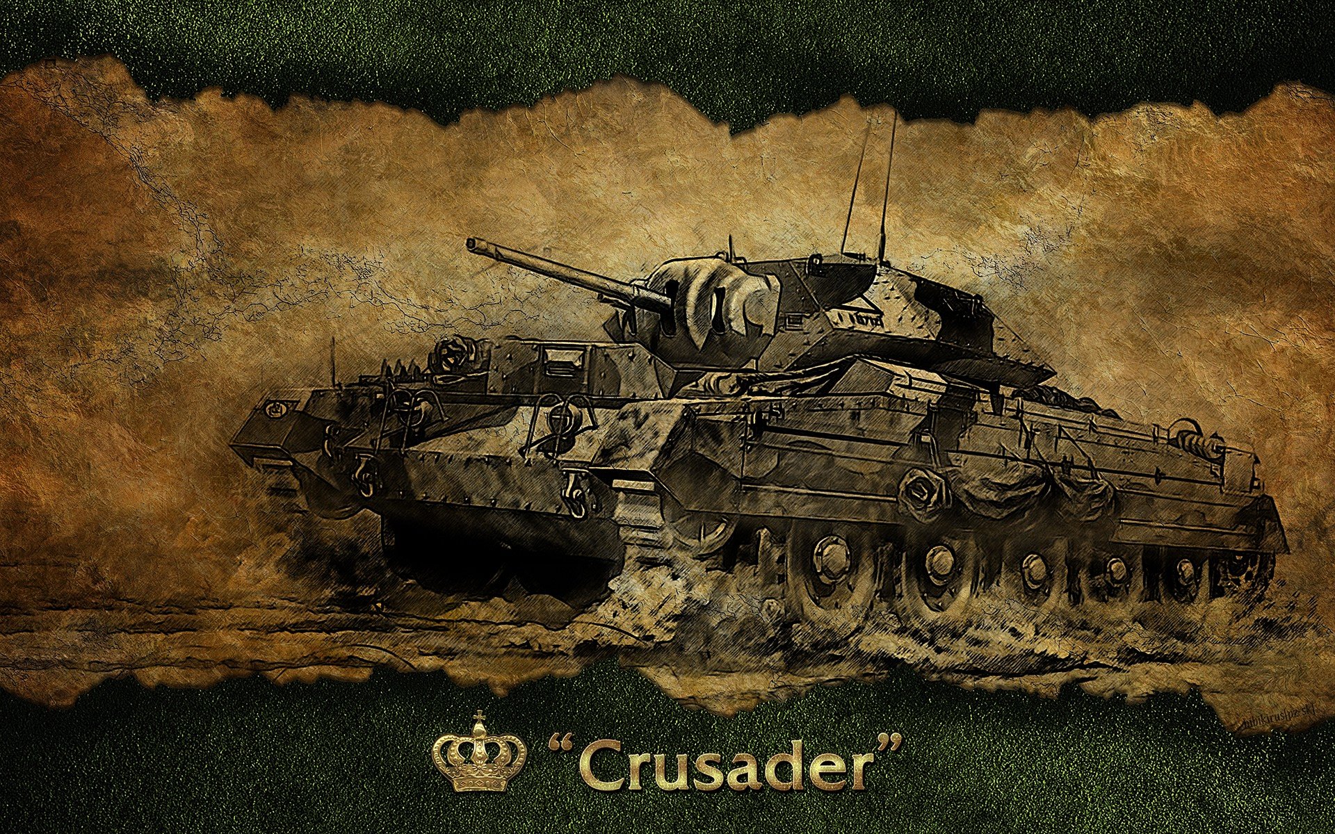 Video game World of Tanks 4K Ultra HD PC desktop wallpaper: gritty illustration of a Crusader tank on torn parchment over dark green background, captioned Crusader.