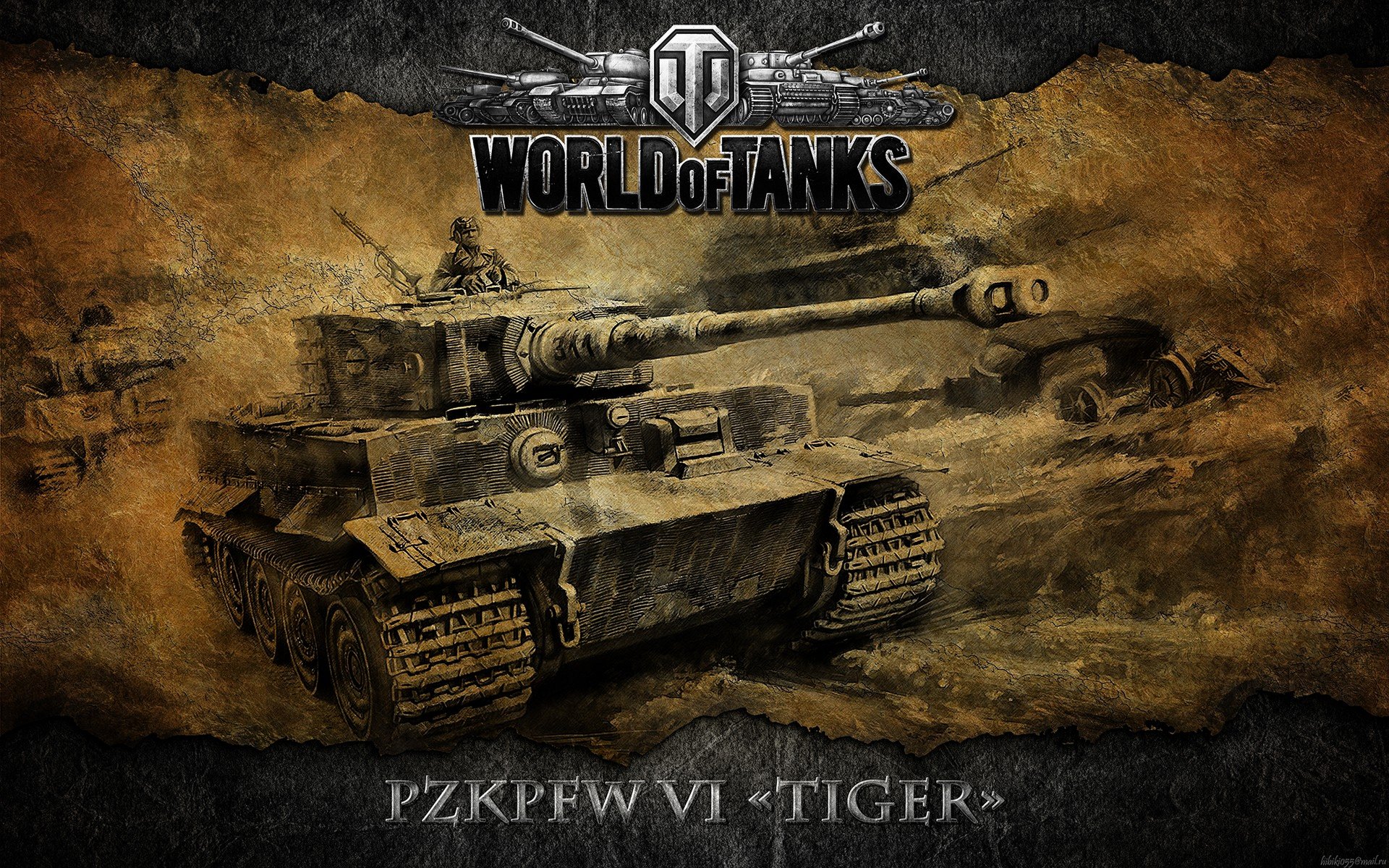World of Tanks video game 4K Ultra HD PC desktop wallpaper: weathered artwork of a PzKpfw VI Tiger heavy tank advancing through dust beneath the World of Tanks logo.