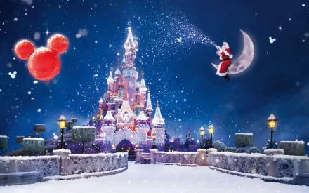 A festive scene of Disneyland featuring Santa Claus flying over a snow-covered castle, surrounded by falling snowflakes and holiday cheer, creating a magical Christmas atmosphere.