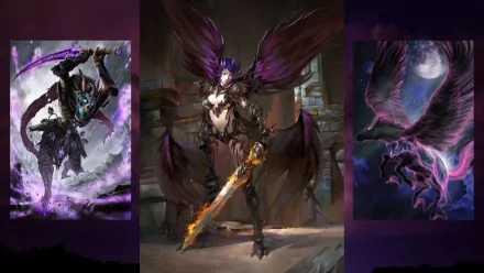 HD PC desktop wallpaper featuring a dark fantasy video game scene with a winged warrior wielding a flaming sword, set against a hellfire-infused background.