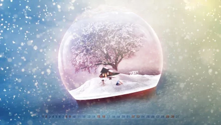HD PC desktop wallpaper featuring a snow globe with a snowy tree and cabin, overlaid with a subtle calendar along the bottom edge.