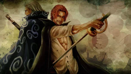 HD desktop wallpaper of Benn Beckman and Shanks from One Piece, featuring Shanks holding a sword and Benn Beckman in the background with a cloudy, artistic design.