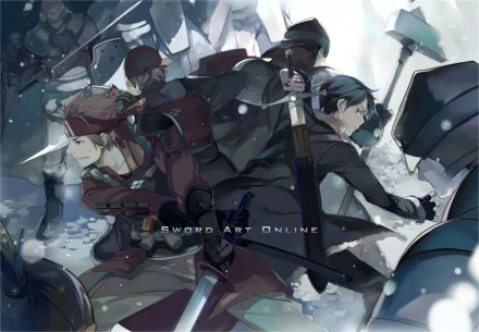 HD desktop wallpaper featuring Klein and Kirito from the anime Sword Art Online in an action-packed scene with a snowy backdrop. Text Sword Art Online is in the center.