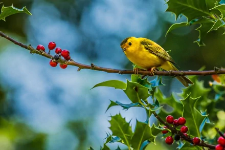 A vibrant yellow warbler perched on a branch adorned with red berries, surrounded by lush green leaves and a soft blue background, creating a stunning HD desktop wallpaper.