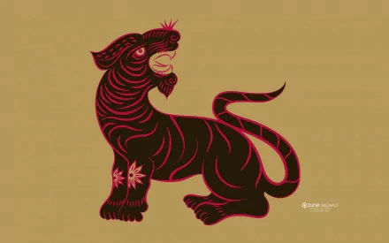 HD desktop wallpaper featuring a stylized man-made tiger design inspired by the zodiac, created by artist Zune on a plain brown background.
