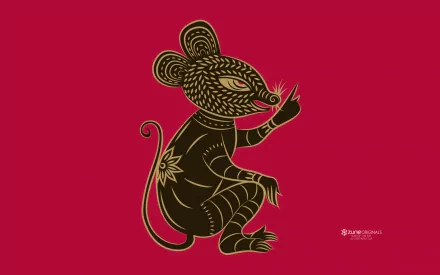 HD desktop wallpaper featuring a stylized man-made rat design inspired by zodiac themes, set against a red background with intricate gold patterns and Zune branding.