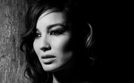 Black and white HD desktop wallpaper featuring a close-up portrait of woman Bérénice Marlohe with soft lighting and a textured background.