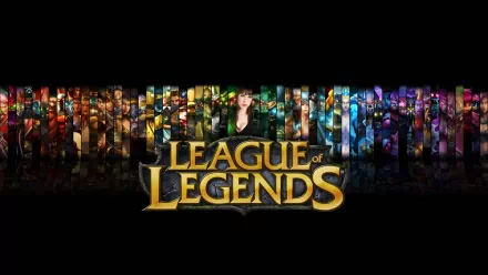 HD PC desktop wallpaper featuring a vibrant collage of League of Legends champions with the game’s logo prominently displayed in the center.