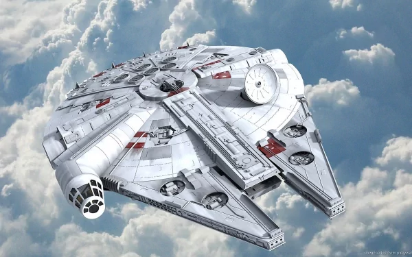 A stunning HD desktop wallpaper featuring the Millennium Falcon soaring through a vibrant sky, showcasing its iconic design from the Star Wars sci-fi universe.