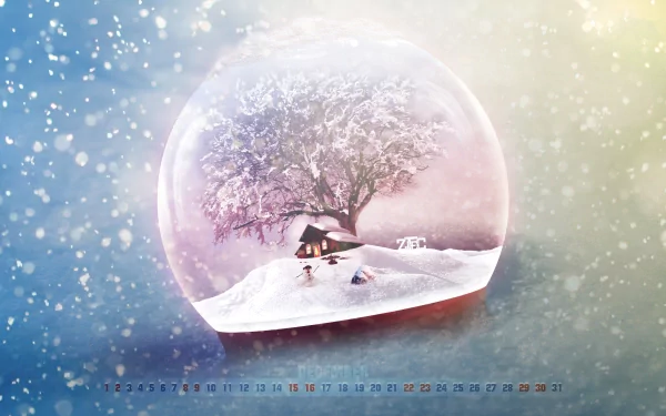 HD PC desktop wallpaper featuring a snow globe with a snowy tree and cabin, overlaid with a subtle calendar along the bottom edge.