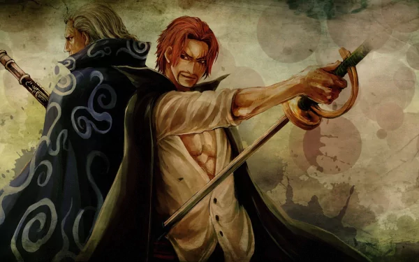 HD desktop wallpaper of Benn Beckman and Shanks from One Piece, featuring Shanks holding a sword and Benn Beckman in the background with a cloudy, artistic design.