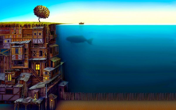 Fantaisie Ville Arbre Magical Sous l'eau Baleine Fond d'écran HD | Image
