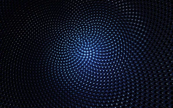 Abstract blue CGI fractal orb: textured spiral of glossy dots and geometric shapes radiating from center on a dark 2K Quad HD PC desktop wallpaper.
