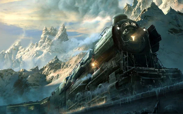 A powerful locomotive emerges from a misty landscape, surrounded by majestic mountains. This artistic depiction serves as an HD desktop wallpaper, celebrating the beauty of trains.