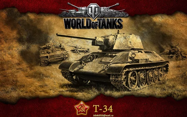 4K Ultra HD World of Tanks PC wallpaper featuring a detailed T-34 tank advancing through a dusty battlefield with the game logo prominently displayed.