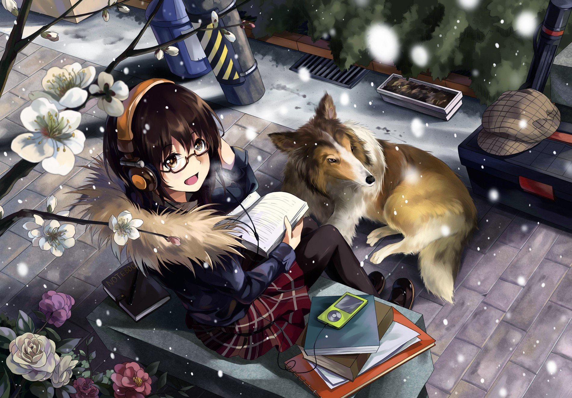 Anime-inspired HD desktop wallpaper featuring a girl with glasses and headphones, sitting in a snowy scene, reading a notebook, accompanied by a dog, surrounded by flowers and books.