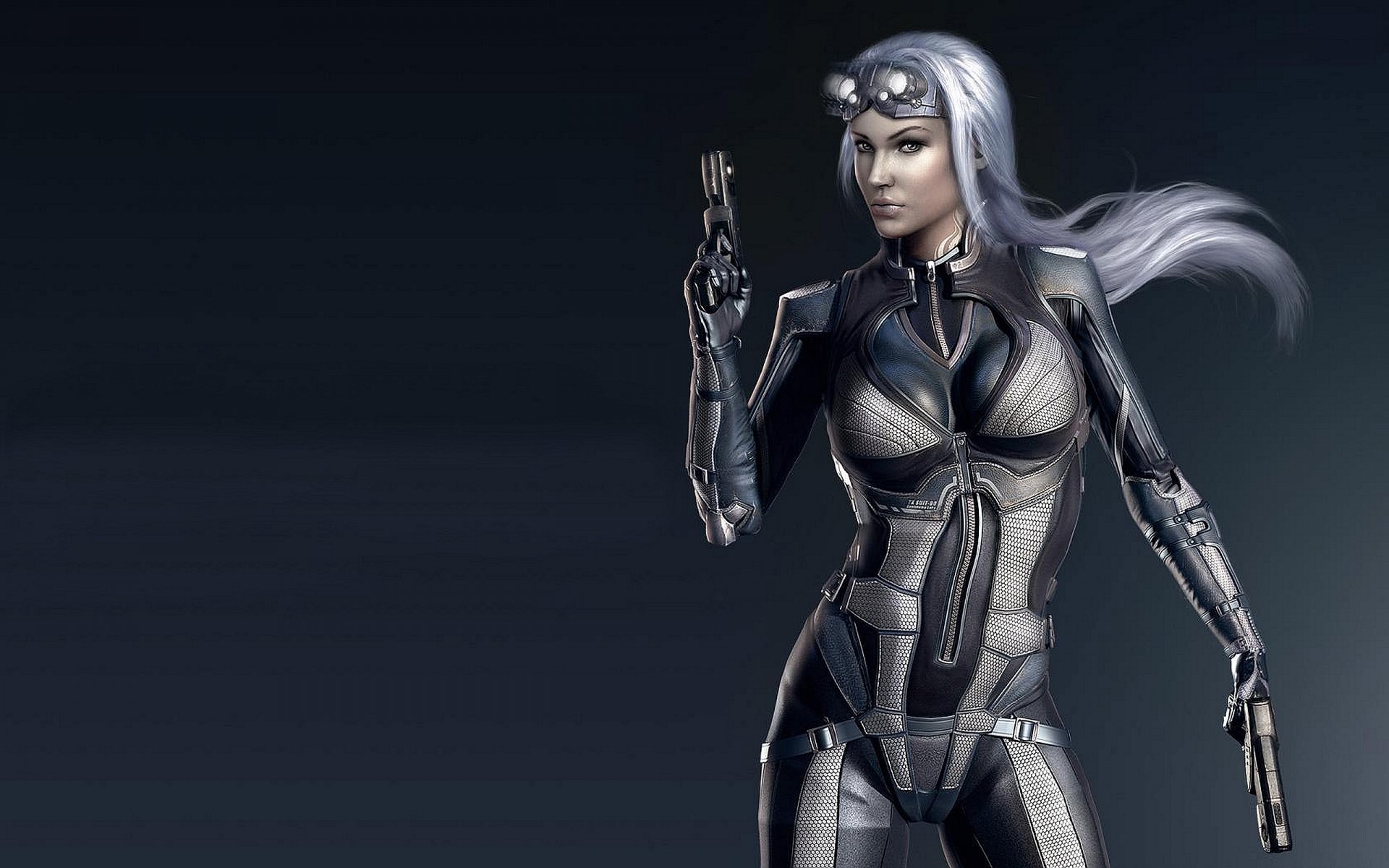 HD PC desktop wallpaper featuring a futuristic female character from the video game Earthrise, dressed in sleek cybernetic armor with glowing elements.