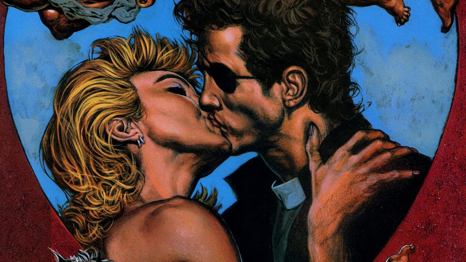 HD PC desktop wallpaper featuring a vivid comic-style illustration of a preacher and a woman sharing a passionate kiss.