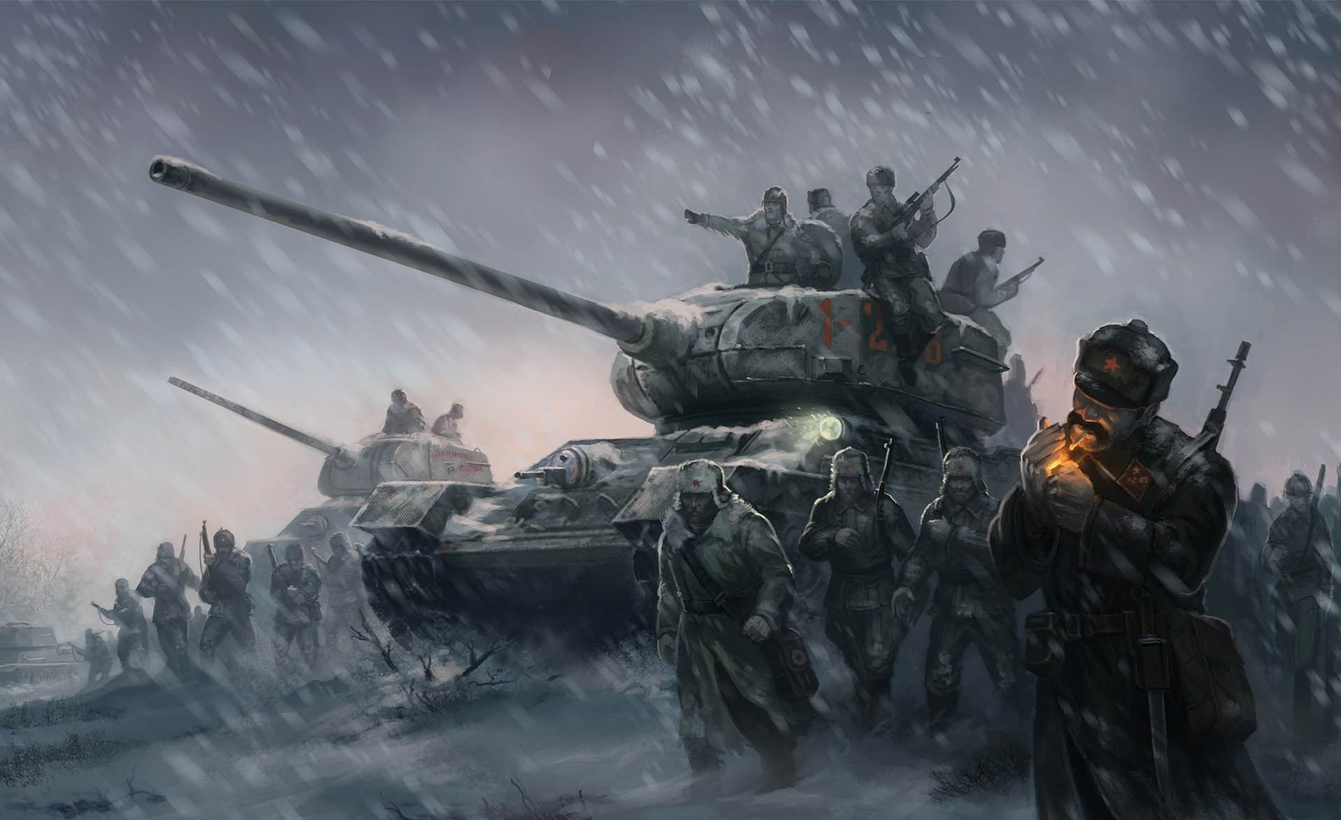 HD PC desktop wallpaper depicting soldiers in heavy winter warfare beside tanks under snowfall, capturing intense military action and atmosphere.