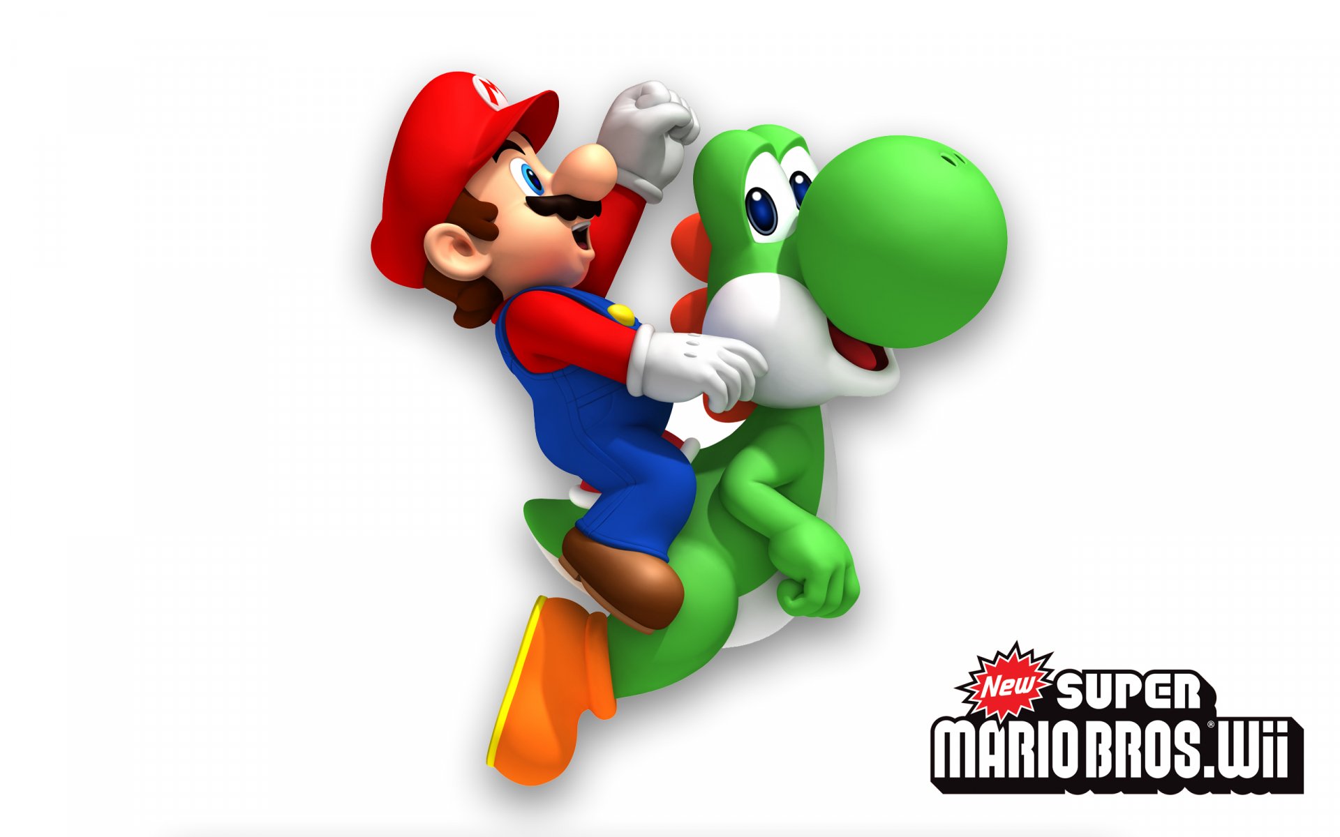 Mario rides Yoshi in this vibrant HD desktop wallpaper from New Super Mario Bros. Wii, showcasing iconic characters from the Nintendo universe.