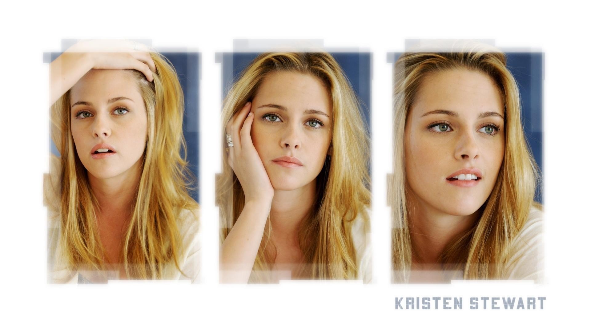 High-definition wallpaper featuring Kristen Stewart in three expressive poses, showcasing her natural beauty and versatility as a celebrity.