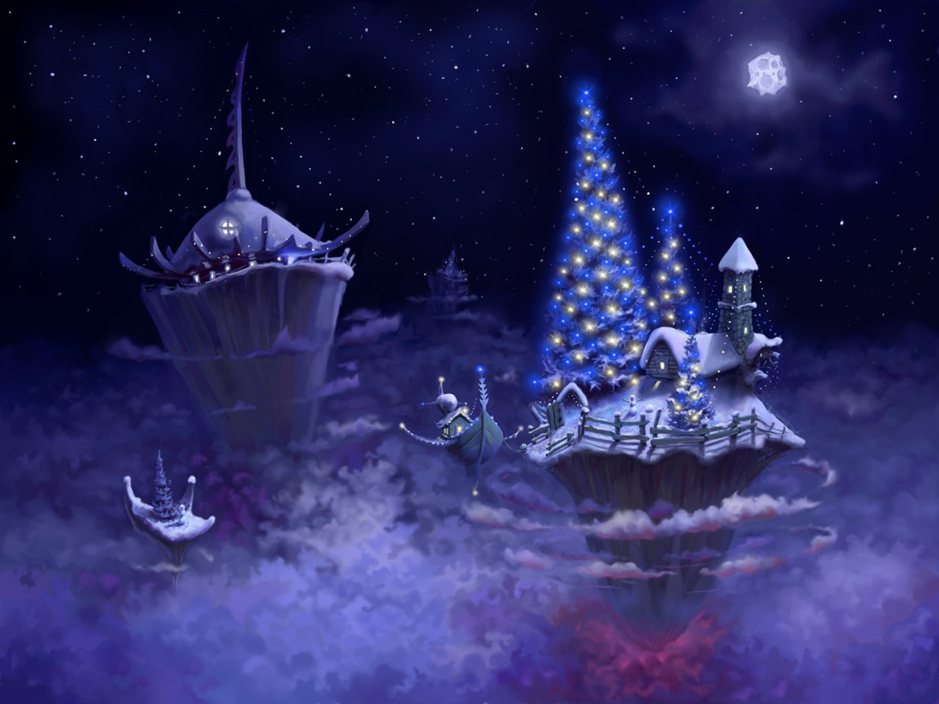HD PC desktop wallpaper featuring a glowing Christmas tree and snowy holiday village floating among stars and clouds in a magical nighttime scene.