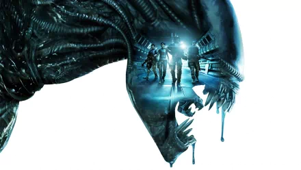 HD PC desktop wallpaper featuring a menacing Alien head with Colonial Marines from the video game Aliens: Colonial Marines illuminated inside its mouth.