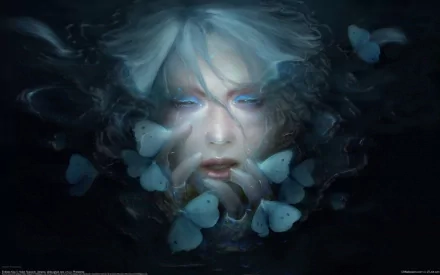 A fantasy-themed HD PC desktop wallpaper featuring a mystical woman surrounded by glowing blue butterflies in a dark, ethereal atmosphere.