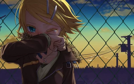 HD desktop wallpaper featuring Rin Kagamine from Vocaloid, set against a sunset backdrop with a fence and power lines. The colors are vibrant and the art captures a reflective mood.