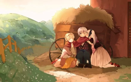 HD anime-style Hetalia Axis Powers desktop wallpaper depicting three characters resting peacefully beside a rustic barn with hills and flowers in the background.