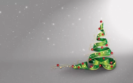 HD PC desktop wallpaper featuring a stylized Christmas tree made of green ribbon with red ornaments against a snowy, holiday-themed background.