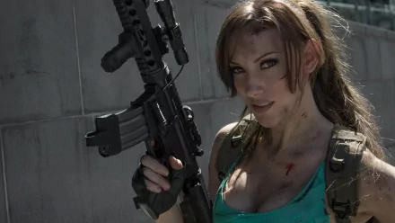 HD desktop wallpaper featuring a woman in detailed cosplay, holding a prop weapon and wearing a tactical outfit.