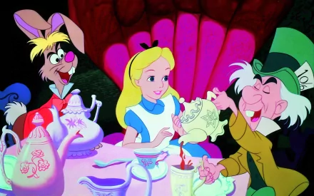 HD desktop wallpaper featuring a colorful scene from the 1951 movie Alice In Wonderland, showcasing Alice, the Mad Hatter, and the March Hare at a whimsical tea party.