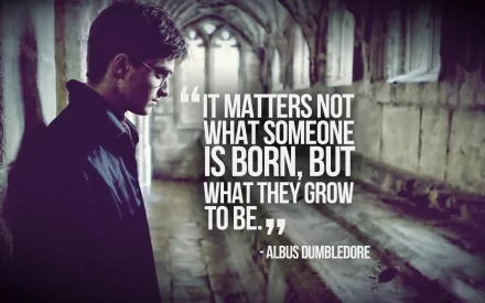 HD desktop wallpaper featuring Daniel Radcliffe as Harry Potter, standing in a corridor. Quote from Albus Dumbledore reads, It matters not what someone is born, but what they grow to be.