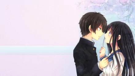 HD wallpaper featuring Eru Chitanda and Hōtarō Oreki from the anime Hyouka, set against a soft, pastel backdrop, capturing a moment of close connection.