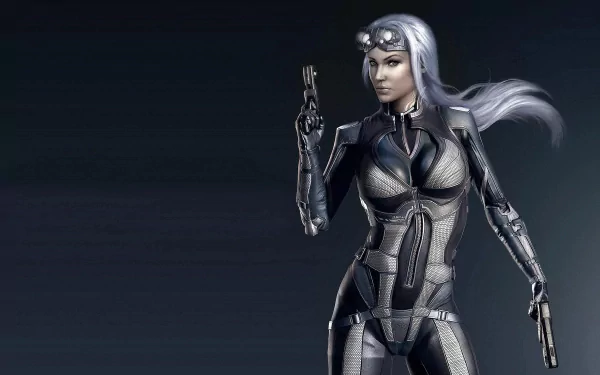 HD PC desktop wallpaper featuring a futuristic female character from the video game Earthrise, dressed in sleek cybernetic armor with glowing elements.