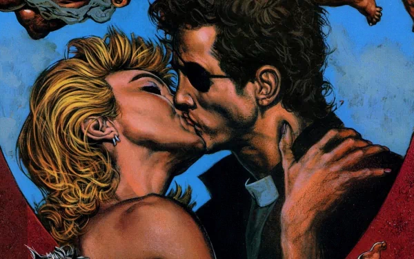 HD PC desktop wallpaper featuring a vivid comic-style illustration of a preacher and a woman sharing a passionate kiss.