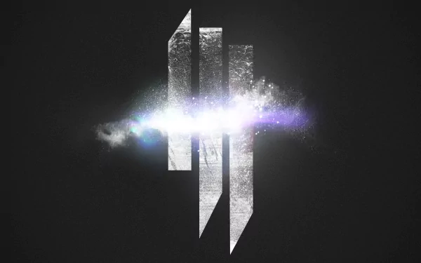 HD desktop wallpaper featuring the Skrillex logo with a bright, cosmic energy burst in the background. The design exudes a dynamic and electrifying musical vibe.